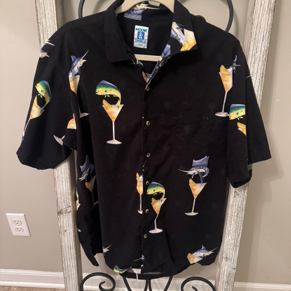 Hook & Tackle Fishing Martini Glass Fish Print Camp Shirt Black Mens L‎ Tropical